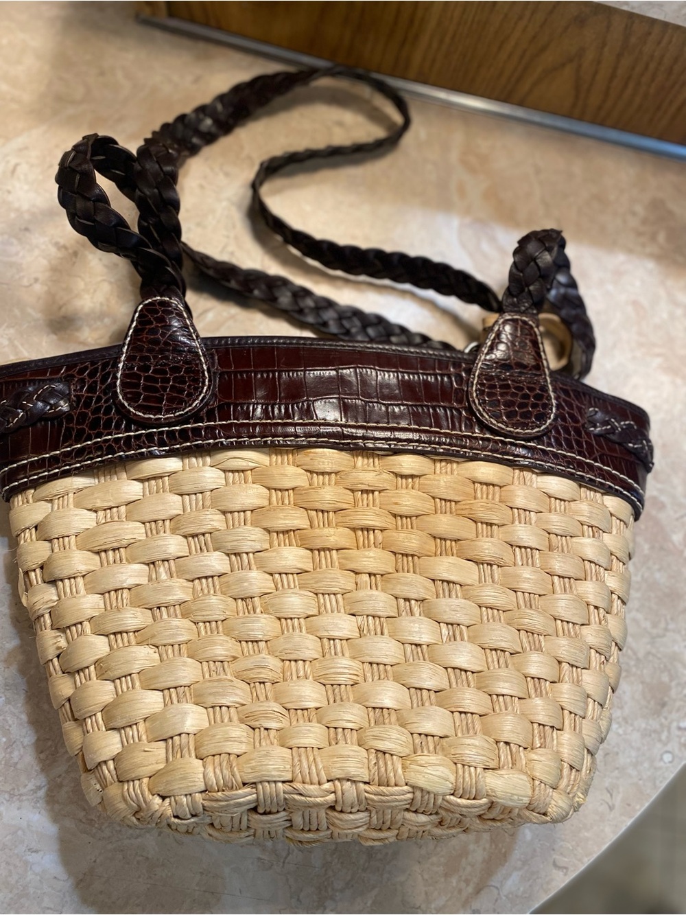 Brighton Beige Straw Tote with Dark Brown Trim and Braided Straps - Picture 4 of 8
